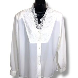 Vintage Size 10 Sellecca Ivory White Blouse Long Sleeve Lace Accent 80s Era